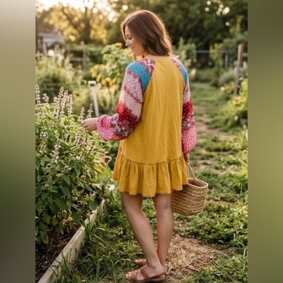 Umgee Dresses & Skirts - Umgee Boho Floral Babydoll Tunic Dress XL Mustard Yellow Bell Sleeve Peasant